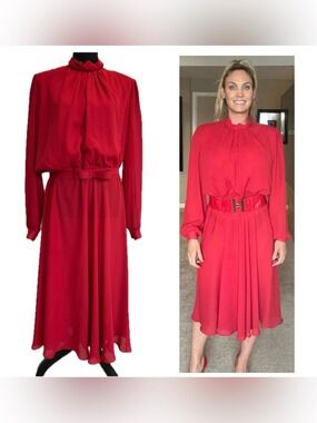 Red Long-Sleeve Belted Midi Dress